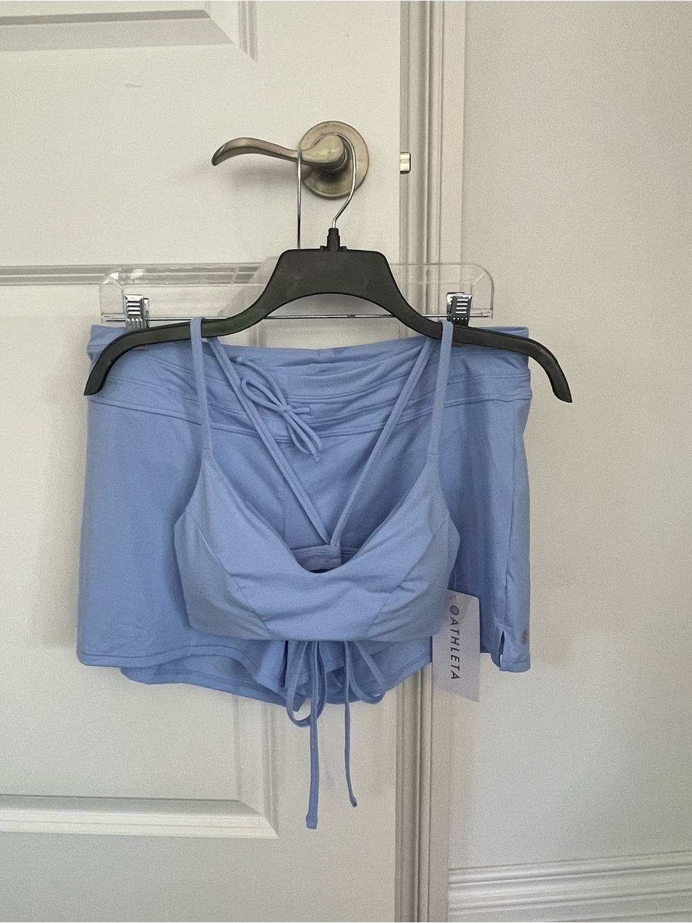 NWT Athleta Light Blue Bikini Top and Swim Shorts with Adjustable Ties Size Med